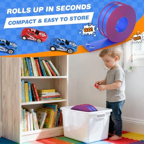 DKOXT 15 Ft Flexible Race Track for Kids, DIY Car Track Set with 2 Toy Cars & 3 Suction Cup Ramps, Easter Basket Stuffers for Teens & Boys Girls, Creative Easter Gifts for Kids, Blue - Thumbnail 6