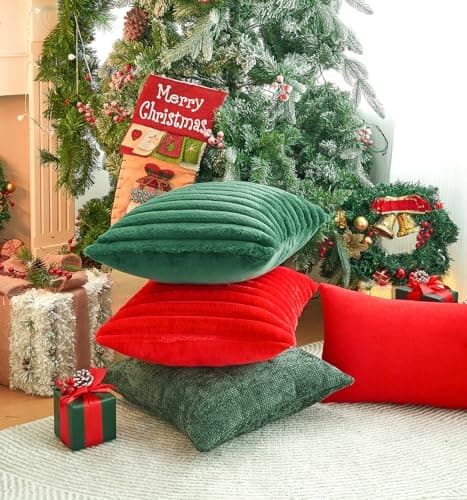 GriNeed Pack of 2 Christmas Green Pillow Covers 20x20 Inch Decorative Faux Fur Emerald Throw Pillow Cover, Soft Lumbar Plush Pillowcases for Couch Sofa Bed Living Room, Fluffy Cute Home Boho Decor - Thumbnail 4