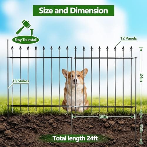Decorative Metal Garden Fence，(12 Panels+ 13 Posts), 24 ft(W) x 24 in(H), High Metal Border Fence, Classic Roman Column Decoration, Garden and Lawn Landscape Fence, Black Animal Fence - Thumbnail 2