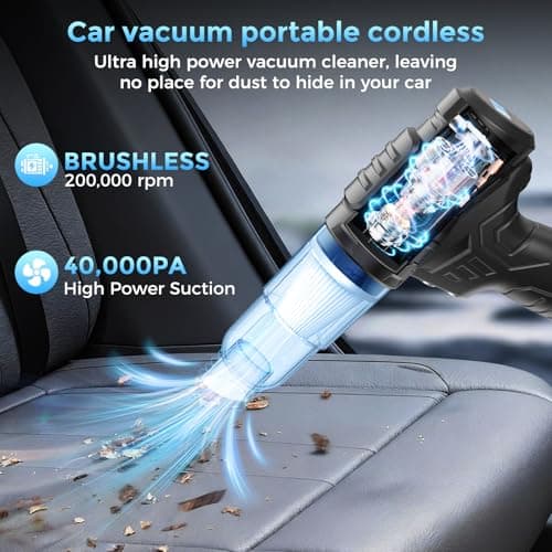 Car Vacuum Portable CordlessTire Inflator for Car 2in1, 40000Pa High Power Dust Buster, Rechargeable 2 Batteries Powered Vacuum Cleaner for Office Home Pet Hair Gifts for Husband Men Black - Thumbnail 5
