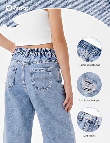 PATPAT Baggy Girls Jeans Wide Leg Denim Pants Ripped High Waist Elastic Y2K Trendy Jeans for Teens with Pockets Light Blue 13-14Y - Thumbnail 3