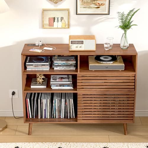 zofiauai Mid Century Record Player Stand, Large Vinyl Turntable Console with Doors, Charging Station, 451 Albums Capacity Media Storage Shelf, Entertainment Center for Living Room, Bedroom, Walnut - Thumbnail 3