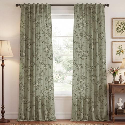NICETOWN Sage Green Floral Curtains Linen Drapes 96” Long 2 Panels