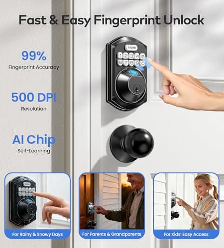 TEEHO TE012W-K WiFi Smart Keyless Entry Door Lock with Handle, Fingerprint Door Knob & Digital Keypad, APP Remote Control, Works with Alexa & Google, Electronic Deadbolt for Front Door, Matte Black - Thumbnail 5