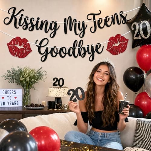 Black Glitter Kissing My Teens Goodbye Banner with Red Lips - Happy 20th Birthday Decorations for Girls Boys, Hello 20 Twenties Party Supplies, Funeral for My Youth Farewell 19 Photo Booth Backdrop - Thumbnail 5