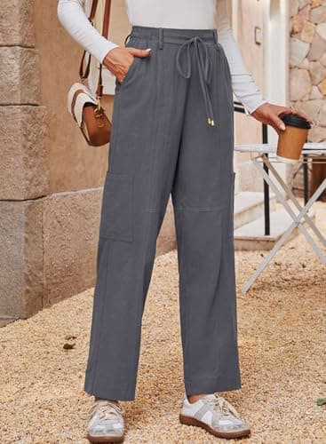 Dokotoo Linen Pants Women High Waisted Drawstring Stretch Pants Casual Loose Outdoor Travel Trousers Elastic Waistband with 4 Pockets Grey - Thumbnail 5