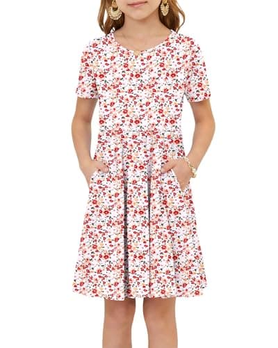 Toddler Girls Summer Casual Teen Dress Kids Short Sleeve Crew Neck A-Line Flowy Easter Cute Swing Sundress for 5-14 Years Little Orange Flower S - Image 1