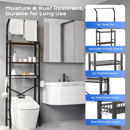 Over-the-Toilet Storage Rack, 3-Tier Bathroom Organizers and Storage with Adjustable Shelf, Basket & Towel Bar, Over-Toilet Bathroom Organizer, Triangular Sturdy Design, Rust-Resistant Metal Frame - Thumbnail 5