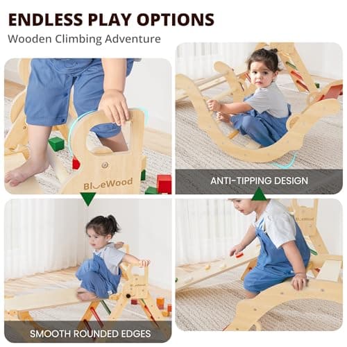 BlueWood Pikler Triangle Set, Toddler Wooden Climbing Toys Indoor 7in1 Foldable Climber for Kids, Montessori Philosophy Play Jungle Gym with Arch, Ramp, Ladder (Warm Winter Christmas) - Thumbnail 4