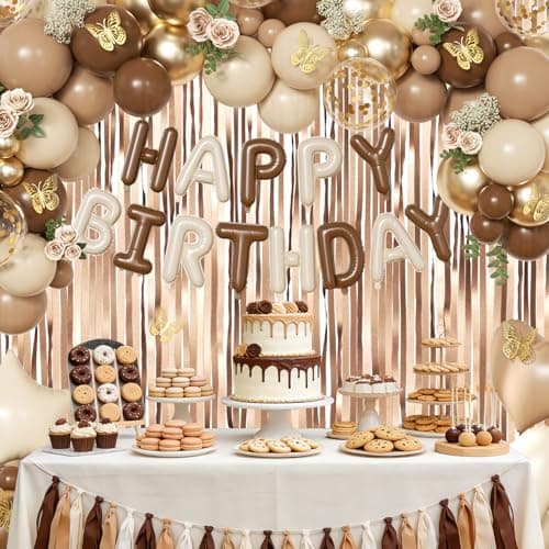 Brown Birthday Decorations, Brown Tan Beige Gold Foil Confetti Balloons Happy Birthday Banner Gold Butterfly Fringe Curtains Birthday Decorations for Women Girls - Thumbnail 4