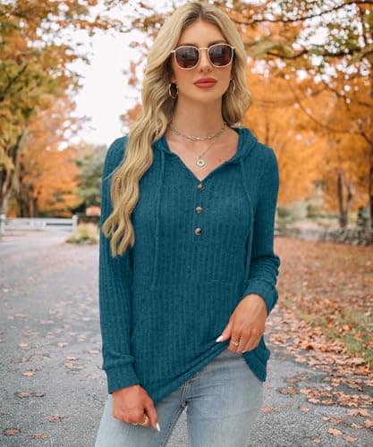 XMTOPYE Sweaters for Women Long Sleeve Hoodies with Buttons Early Fall Fashion Winter Clothing Teal Blue - Thumbnail 2