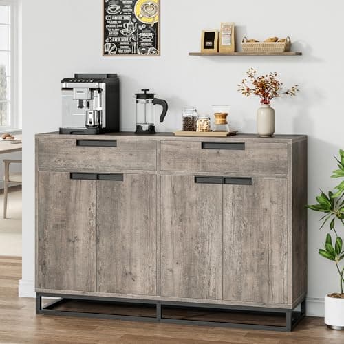 GarveeHome Sideboard Buffet Cabinet, 55-Inch Large Modern Kitchen Accent Storage Cabinet with 2 Drawers and 4 Doors, Coffee Bar Buffet Table for Kitchen and Dining Room, Grey - Thumbnail 3