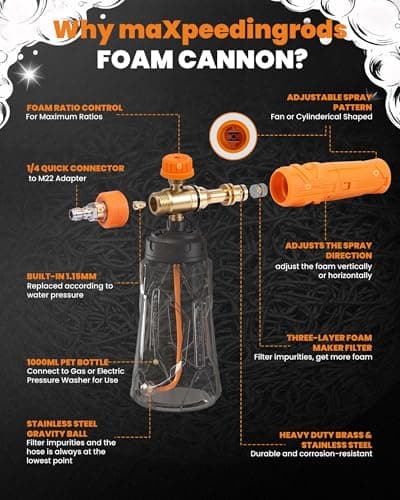 maXpeedingrods Foam Cannon for Pressure Washer, Wide Mouth Quick Release Car Wash Foam Gun with Adjustable Soap Cannon, Thick Snow Foam, 1/4'' Quick Connector, with 2 Orifice Nozzle (Transparent) - Thumbnail 6