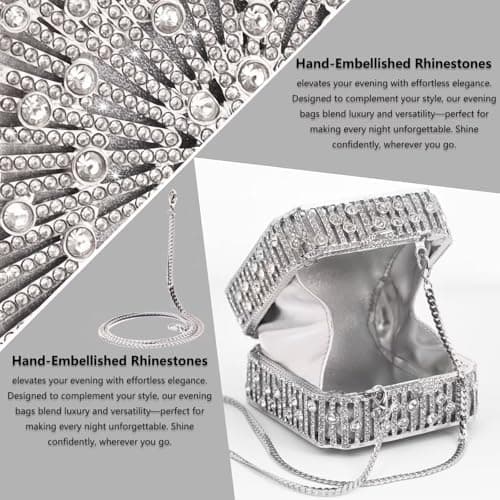 YONATUTRO Luxury Silver Rhinestone Clutch Purse for Women - Mini Evening Bag with Detachable Chain for Wedding Formal Party Prom - Thumbnail 6