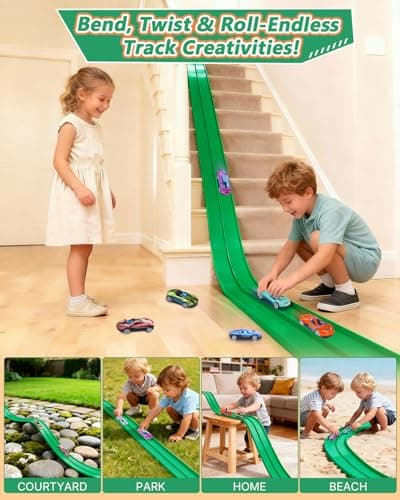 FITNOVO Flexible Race Track for Kids – 15 Ft Roll-Up Car Track with Suction Cups, Fits 1:64 Diecast Cars, Portable Bendable Track Toys for Boys Girls Ages 3+, Green - Thumbnail 4
