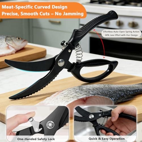 Kitchen Poultry Shears Heavy Duty, Stainless Steel Kitchen Meat Cutting Scissors for Food with Non-Slip Handle & Safety Lock, All Purpose Cooking Aid Scissors for Chicken, Bone, Turkey, Fish - Thumbnail 3