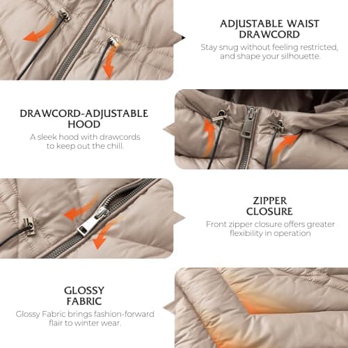 BINACL Women's Thickened Jacket with Hood, Mountain Snow Ski Windproof Modern Glossy Down Alternative Hiking Quilted Parka Stylish Puffer Winter Warm Club Winter Shiny Padded Coat(Taupe S) - Thumbnail 3