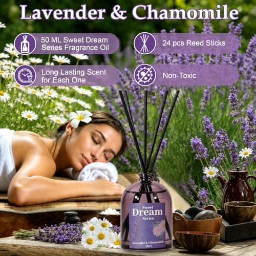 STRN Reed Diffuser Sets, Lavender Scented Oil Diffuser, Fragrance Reed Diffuser with 24 Sticks, 6.8 Fl.oz (200ml), 4 Scents Long-Lasting Air Freshener for Bedroom Bathroom Home Décor（50ml*4） - Thumbnail 5