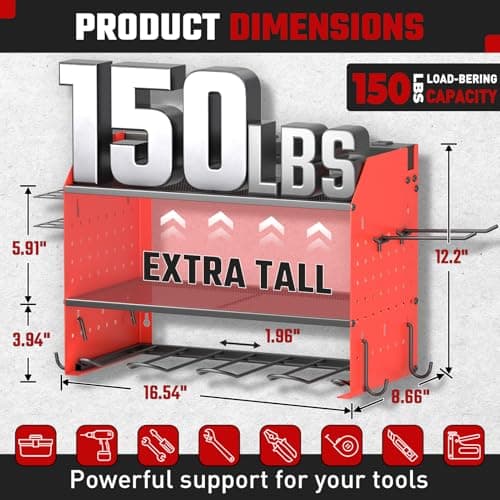 ZESEN Power Tool Organizer with Charging Station, Heavy Duty 3 Layer Drill Holder Wall Mount Garage Shelf Rack with 6 Outlet Power Strip, Tool Shelf with Hooks, Drill Bit Rack for Garage, Red - Thumbnail 3