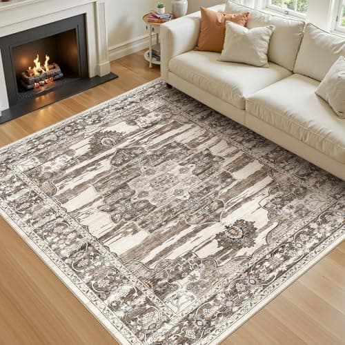 Jessibou Washable 6x9 Area Rug for Living Room - Ultra Soft Vintage Carpet with Non-Slip Backing, Stain Resistant Low-Pile Indoor Rug for Bedroom & Home Office, Kid & Pet Friendly - Dark Brown