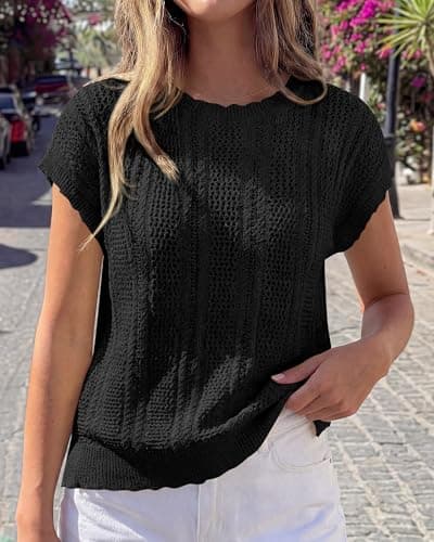 KIRUNDO Crochet Tops for Women Cap Short Sleeve Sweater Vest 2026 Spring Summer Cable Knit Pullover Beach Vacation Outfits(Black, Medium) - Thumbnail 6