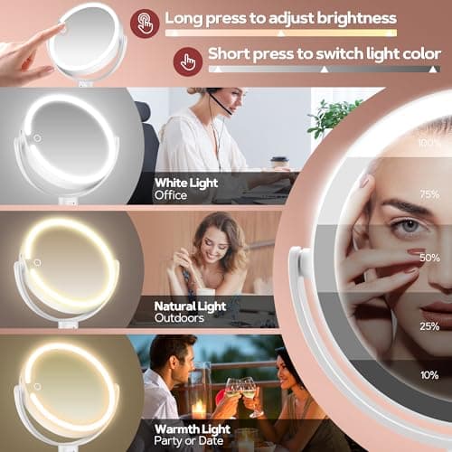 B Beauty Planet Vanity Mirror with Lights, 30X Magnifying Makeup Mirror with 3 Lighting and Adjustable Brightness, Rechargeable 2-Sided Height Adjustable Desk Mirror for Bathroom, Women Gifts for Mom - Thumbnail 2
