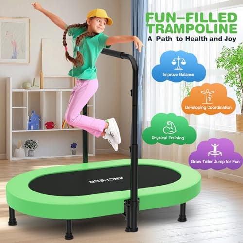 ANCHEER Trampoline, Double Mini Trampoline with Adjustable Handle - Indoor/Outdoor Rebounder for Kids & Toddlers, 56'' Safe Oval Fitness Trampoline with Bar for Home Fun - Thumbnail 3