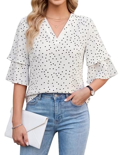 Blooming Jelly Womens Dressy Casual Blouse 3/4 Length Flutter Sleeve Polka Dot Tops Ladies V Neck Business Trendy Summer 2026 Work Shirt (Large, White) - Image 1
