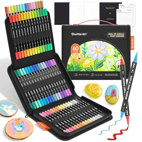 Shuttle Art 60 Colors Dual Tip Acrylic Paint Markers, Brush Tip and Fine Tip Acrylic Paint Pens for Rock, Ceramic, Wood, Canvas, Plastic, Glass, Stone, Calligraphy, Card Making, DIY Crafts - Image 1