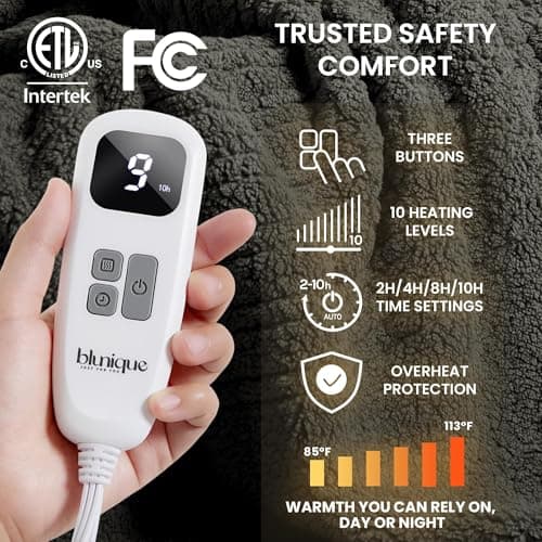 blunique Heated Blanket Electric Blanket Throw - Fast Heating Blanket Throw Double Sided Sherpa Ultra Soft Cozy with 10 Heating Levels & 2-10 Hours Auto Off, Mashine Washable, 50 x 60 Inches, Grey - Thumbnail 4
