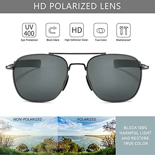 SUNGAIT Men's Military Style Polarized Pilot Aviator Sunglasses - Bayonet Temples (Gunmetal Frame/Gray Lens, 55) A285QKHU - Thumbnail 3