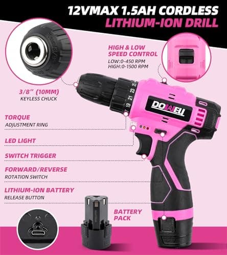 DOWELL 147 Pcs Pink Tool Kit with 12V Cordless Drill with 3/8" Keyless Chuck for Women, Home, Men, Built-in LED, Type-C Charge Cable - Thumbnail 3