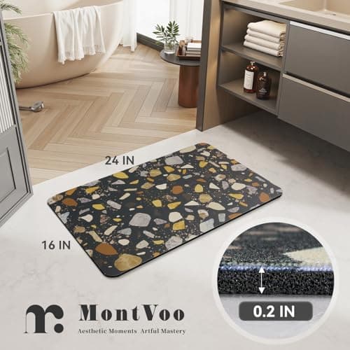 MontVoo -Bath Mat-Non Slip Thin Bathroom Rugs Fit Under Door- Quick Dry Absorbent Faux Suede Surface Grey Bathroom Floor Mats-Shower Rug for in Front of Bathtub Shower Black & Multi Color 16x24 - Thumbnail 2