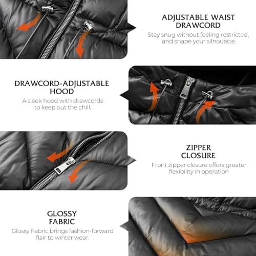 BINACL Women's Thickened Modern Glossy Down Alternative Jacket, Extreme Cold Big Hood Winter Warm Shiny Padded Coat Outwear Parka Puffer Cotton Padding Outwear Workout Training Ski Jacket(Black M) - Thumbnail 3