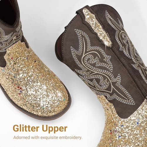 DREAM PAIRS Girls Cowgirl Boots Glitter Toddler Cowboy Boots Child Mid Calf Riding Shoes Party Birthday Dress Up for Toddler/Little/Big Kid,Size 11 Little Kid,Gold,SKMB26002K - Thumbnail 5