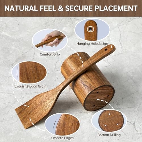 8 PCS Wooden Utensil Set with Holder, Spoon Rest, Durable Wooden Spoons for Cooking, Heat-Resistant, Comfort Grip,Easy to Clean, Non-stick Friendly, Ideal for Gifting - Thumbnail 3