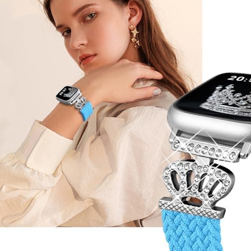 Chinber Braided Band Compatible with Apple Watch Bands 40mm 38mm 41mm 42mm 44mm 45mm 46mm 49mm,Magnetic Soft Nylon Stretchy Strap with Designer Bling Crown Strap for Series 10/9/8/7/6/5/4/3/2/SE/Ultra - Thumbnail 2