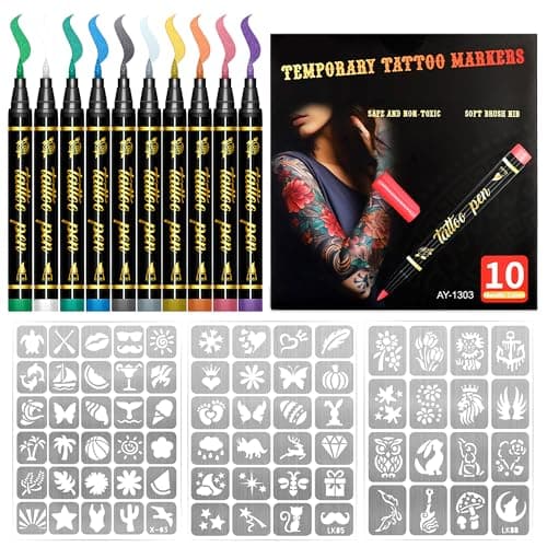 Woobena Temporary Tattoo Markers for Skin, 10 Body Markers+70 Tattoo Stencils,Safe Non-Toxic Water-Based Ink, Soft Brush Nib,Temporary Art Drawing, Washable Markers for Face & Body Art, Party Favor - Image 1