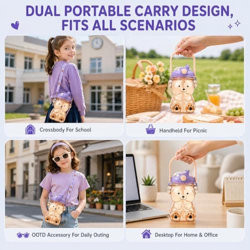 DegoCython Bear cup, 31.5 Ounce BPA-Free Food Grade Plastic Cup, Drop-Resistant Leak-Proof Dual Seal, Removable Straw with Portable Handle, Adjustable Strap for Kids Daily Use, School & Travel - Thumbnail 5