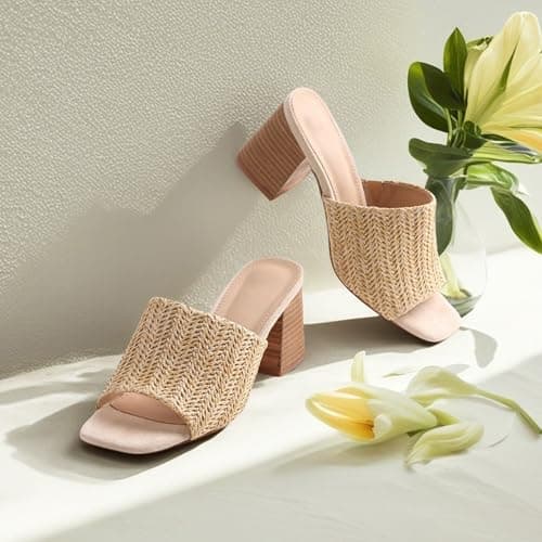 Ancomafio Women's Heeled Sandals Raffia Heels Square Open Toe Sandals Backless Mules Slip On Block Sandals Nude Size 6.5 - Thumbnail 5