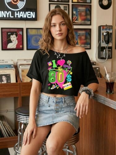 80s Outfit for Women 90's Theme Party Shirt Sexy Off The Shoulder 90S Tshirts 80s Disco Off Shoulder Crop Tops Black-c - Thumbnail 3