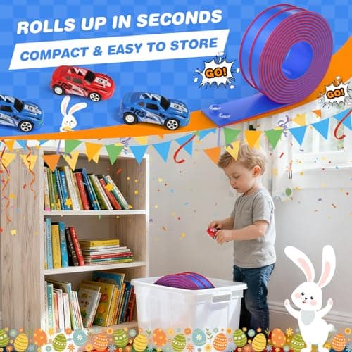 DKOXT 15 Ft Flexible Race Track for Kids, DIY Car Track Set with 2 Toy Cars & 3 Suction Cup Ramps, Easter Basket Stuffers for Teens & Boys Girls, Creative Easter Gifts for Kids, Blue - Thumbnail 6