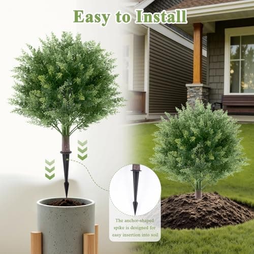 Topotdor 23.6" Artificial Cypress Topiary Trees with Ground Spike, Set of 2 Fake Shrub Bushes, UV Resistant Artificial Plants for Outdoor Indoor Front Porch Home Garden Patio Decor - Thumbnail 6