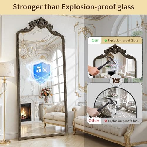 71"x32" Bronze Arched Full Length Mirror with Stand, Full Body Mirrors for Leaning or Hanging, Traditional Ornate Vintage Floor Mirror,Baroque Antique Long Mirrors for Wall,Decor, Living Room, Bedroom - Thumbnail 6