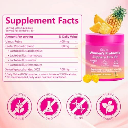 BIGBIO Feminine Probiotics Gummies, Slippery Elm for Women, Vaginal Health Supplement for pH Balance, Odor Control, Yeast Balance, Flora Immune Support, Suagr-Free, Veagn, Pineapple Flavor, 60 Count - Thumbnail 2