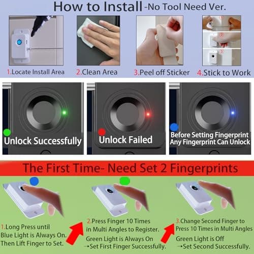 Bstsilver Fingerprint Fridge Lock No Drill w/USB Key, Smart Biometric Cable Latch for Cabinet Drawer Freezer Door Corner Window, Childproof Petproof RV Refrigerator Locks, Furniture Anchors Anti Tip - Thumbnail 6