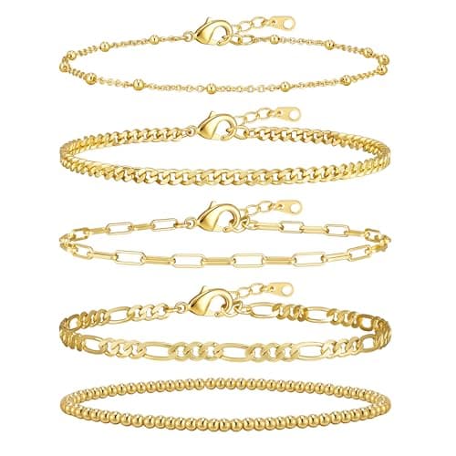 adoyi Gold Bracelets for Women, 14K Gold Plated Stackable Bracelet Stack Set Adjustable Charm Paperclip Chain Cuban Link Layered Waterproof Jewelry Sets Gifts for Womens 6.8 Inch - Image 1