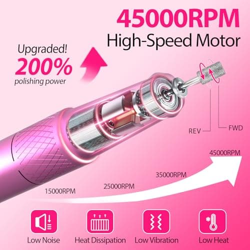 PYVOLA Professional Electric Nail Drill E-File Machine - 45,000 RPM Corded Nail Drills Kit with Low Noise & LED Display for Shaping, Removing & Polishing Acrylic Gel Nails for Salon Home - Thumbnail 2