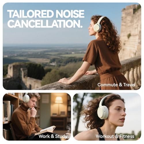 SunoFi Hybrid Active Noise Cancelling Headphones, Wireless Over Ear Bluetooth Headphones with Mic, 40H Playtime, Hi-Res Audio, Deep Bass, Foldable Comfort Fit Ear Cups for Travel, Office, Home (White) - Thumbnail 5
