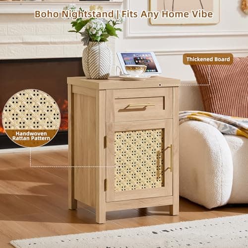YUFAM Small Rattan Nightstand - Boho Night Stand with Type-C Charging Station for Bedroom, Modern Nightstands w/Drawer for Small Space, Wood Bedside Table w/Adjustable Storage Shelf, Natural Oak - Thumbnail 4